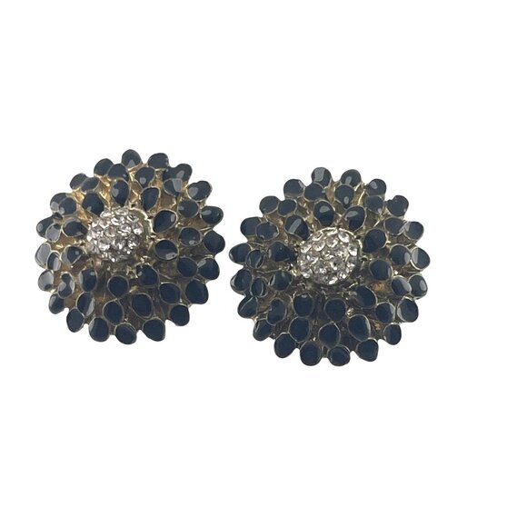 Vintage Flower Shaped Black & Crystal Rhinestone Stud Earrings - Picture 3 of 7